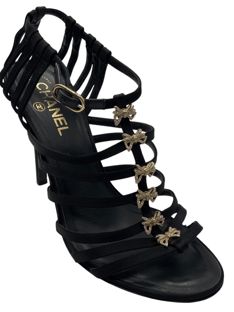 Chanel Rare Vintage 1999 Black Rhinestone Embellished Bow Satin Caged Sandals